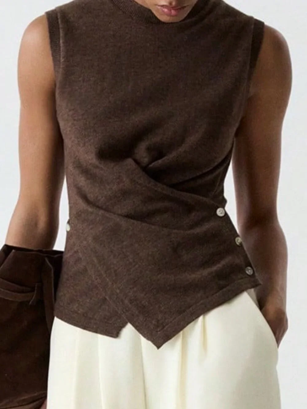 Coffee Brown Casual Women's Elegant Soft Pullover Side Button Knit Top